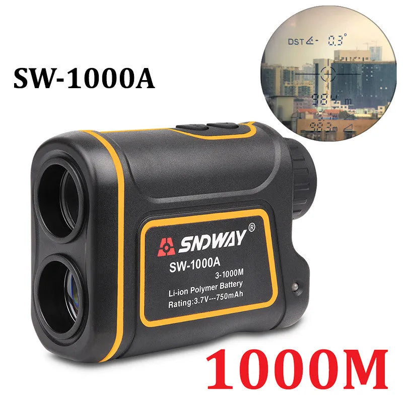 Outdoor handheld golf rangefinder with 1500m range, compact design, and display showing distance measurement