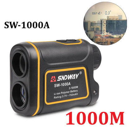 Outdoor handheld golf rangefinder with 1500m range, compact design, and display showing distance measurement