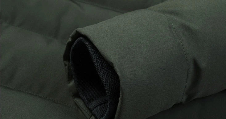 Electric heated down jacket with USB-powered heating system, available in grey, black, and army green colors, sizes M to 7XL