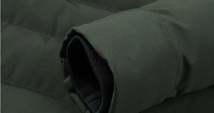 Electric heated down jacket with USB-powered heating system, available in grey, black, and army green colors, sizes M to 7XL