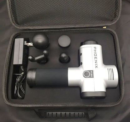 Black fascia massage gun with four interchangeable heads for deep tissue treatment measuring 29x28x28cm
