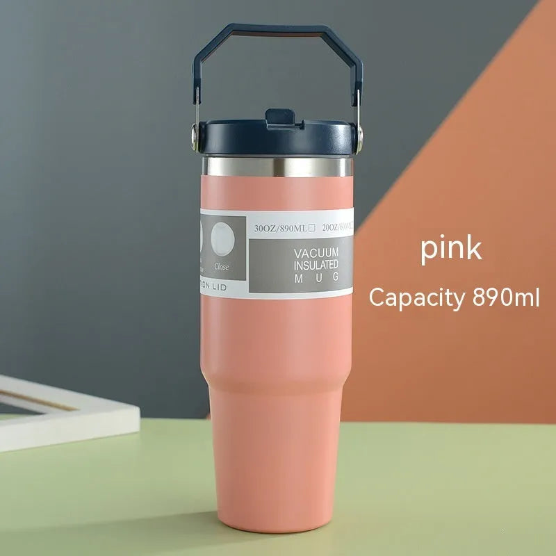 30 oz stainless steel insulated travel tumbler with handle cover in dark pink colour
