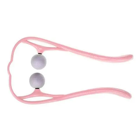 Plastic swan-shaped neck massager in pink, blue, or green with adjustable width and 3D floating-point rollers