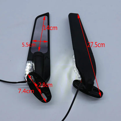 Motorcycle spoiler rearview mirror with yellow LED light strip and convex glass lens
