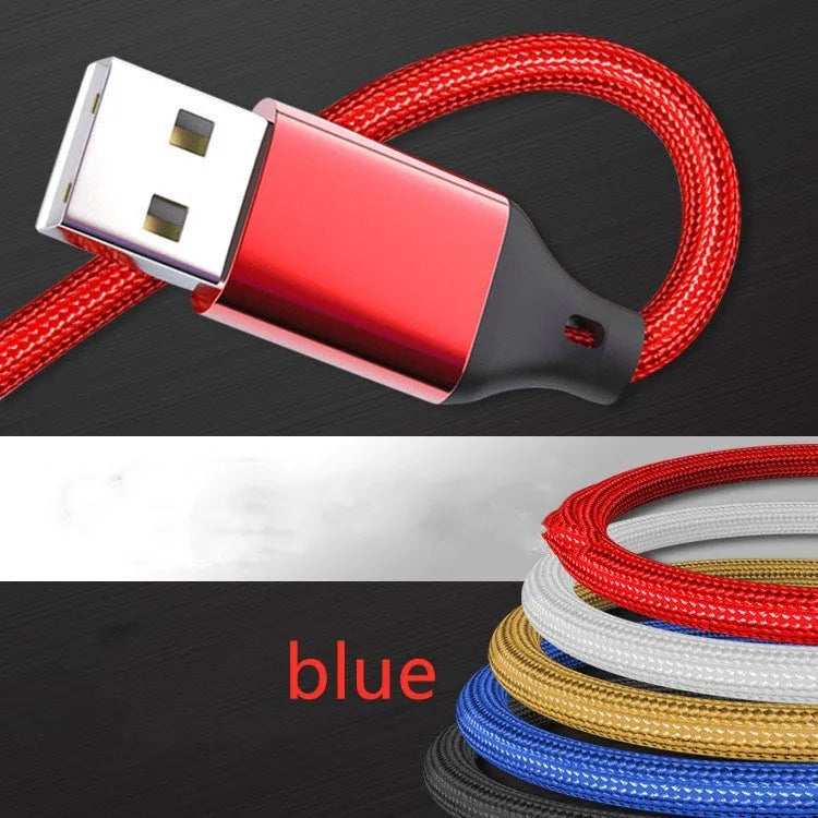 Three-in-one charging cable with nylon braid in red, blue, gold, black, silver, and rose gold colour options.