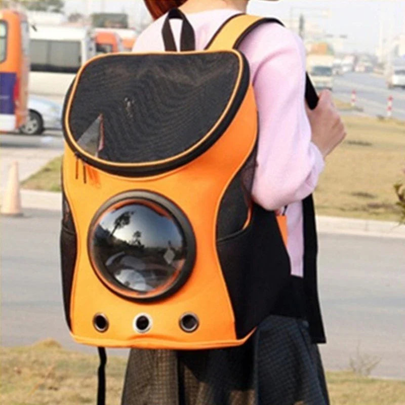 Astronaut-inspired pet carrier backpack with a space capsule design for safe and comfortable pet transportation
