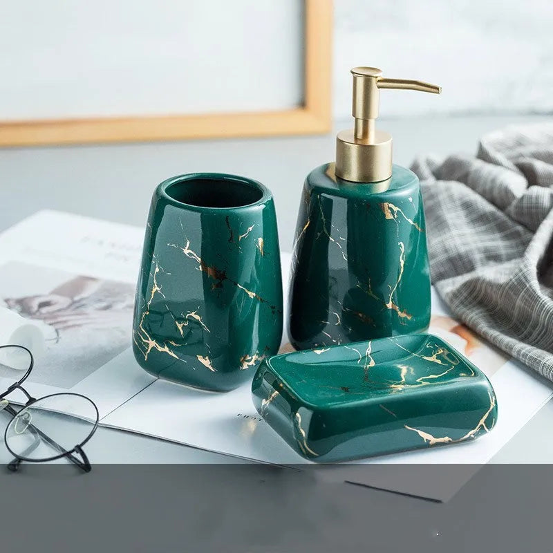 Ceramic bathroom wash set in porcelain with decal decoration, available in black, blue or white colours