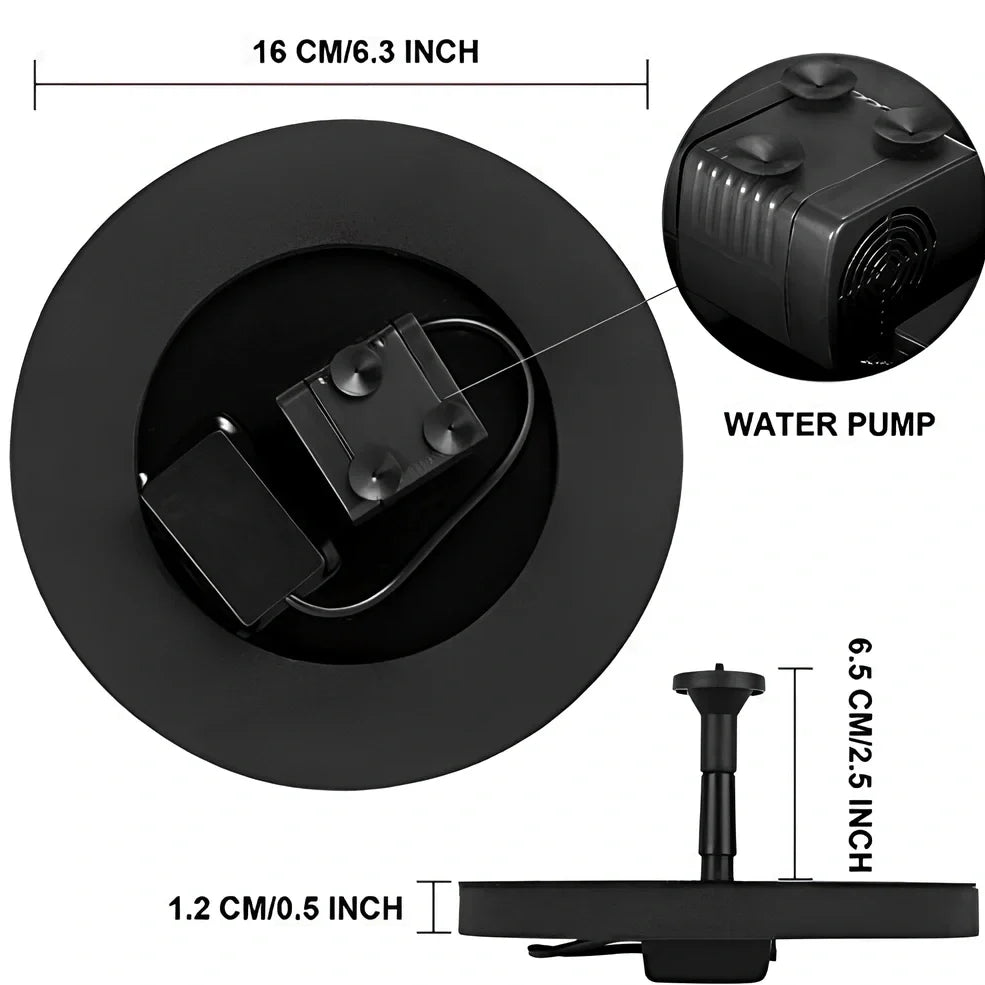 Black solar fountain with water spray in garden pond showing 55cm height and four nozzle options