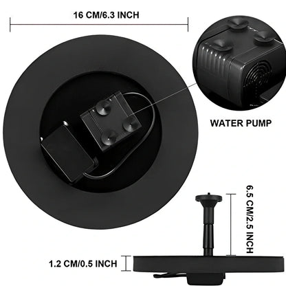 Black solar fountain with water spray in garden pond showing 55cm height and four nozzle options