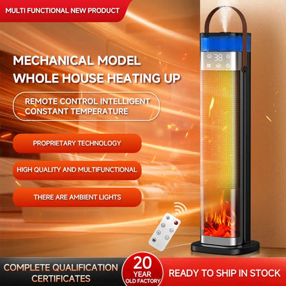 Intelligent vertical heater with humidification function, remote control, and compact design measuring 16x16x52.6 cm