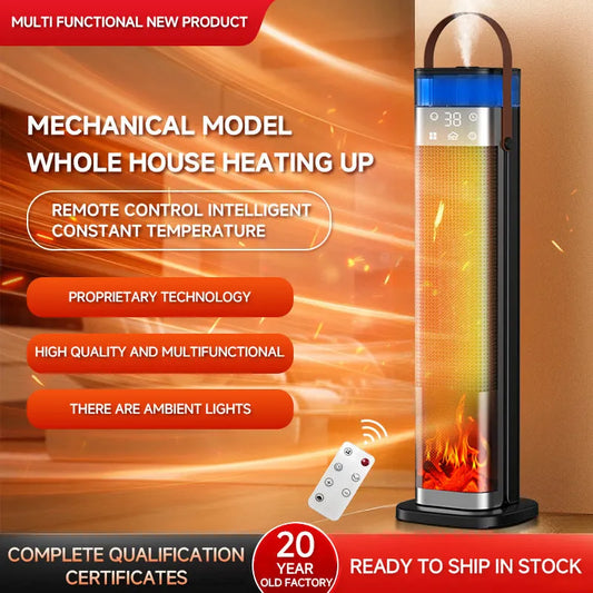 Intelligent vertical heater with humidification function, remote control, and compact design measuring 16x16x52.6 cm