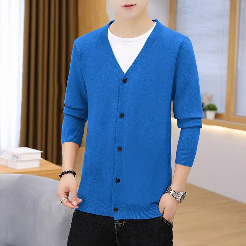 Men's thick slim fit cardigan knit jacket, long sleeve polyester, sizes M to 5XL, beige black navy blue