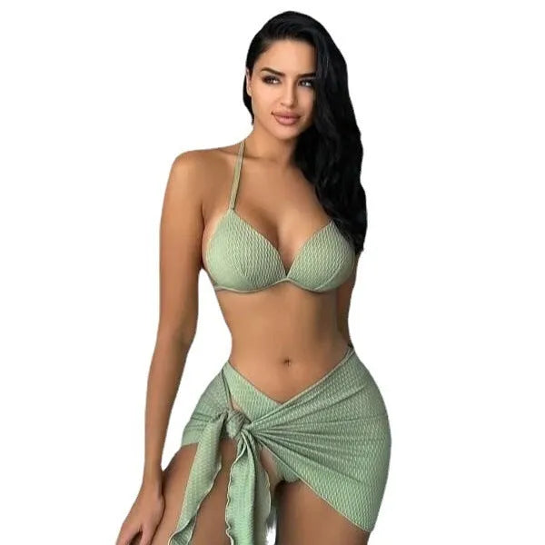 Women's three-piece swimsuit set in solid colour with Russian split design and matching skirt