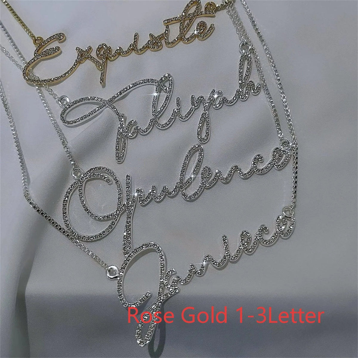 Stainless steel name necklace with diamond-studded English letters on adjustable chain in gold, rose gold, or silver