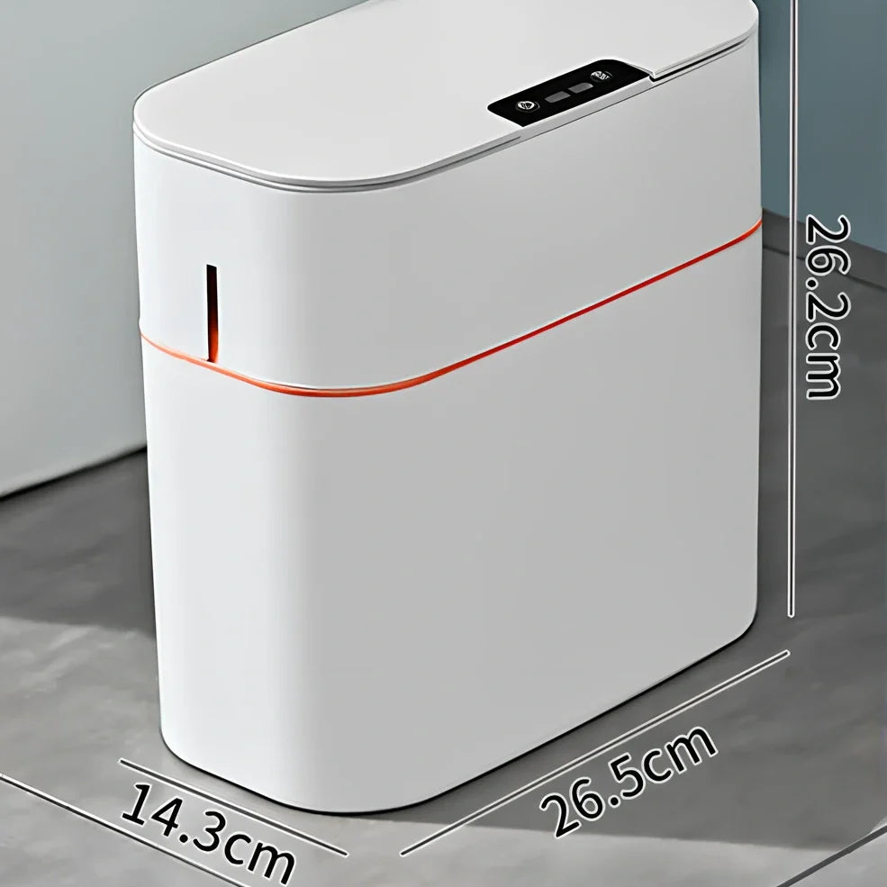 Automatic electric trash bin with infrared sensor opening, available in azure blue, white, and four other colours