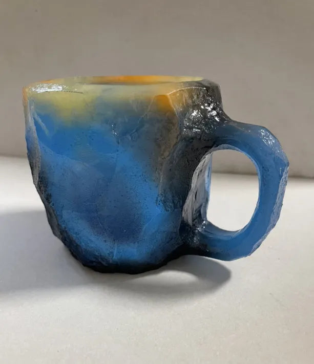 400ml resin mineral crystal coffee mug with handle in assorted colours including purple, blue, and pink.