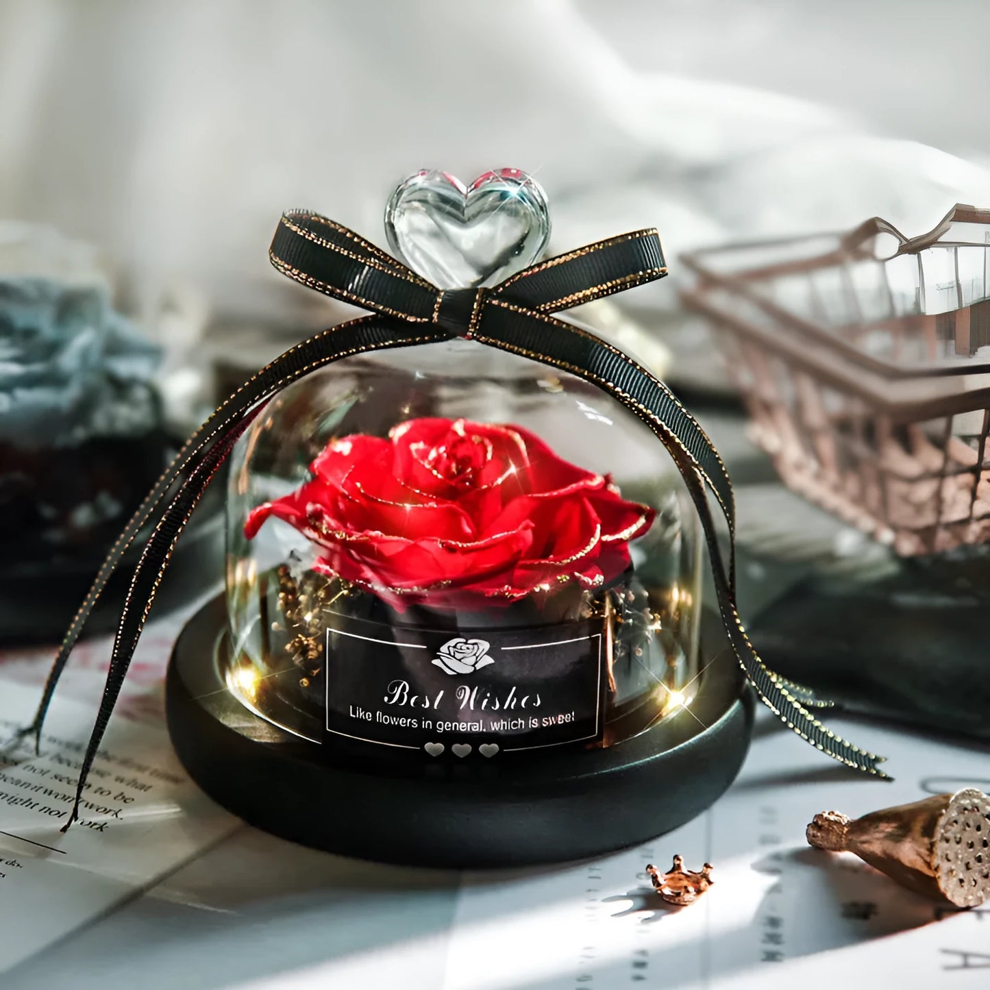 LED eternal real rose preserved in a glass dome home decor with colour options.