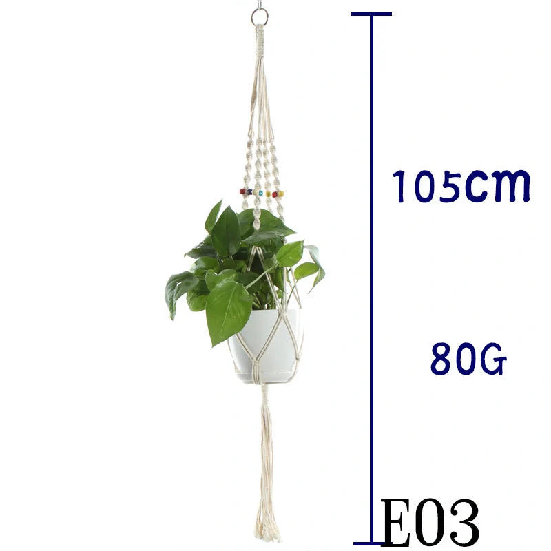 Beige cotton rope hanging basket with various styles for indoor plant display