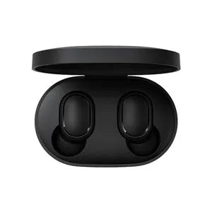 Black AirDots true wireless earbuds with charging case, showing 7.2mm drivers and three earplug sizes