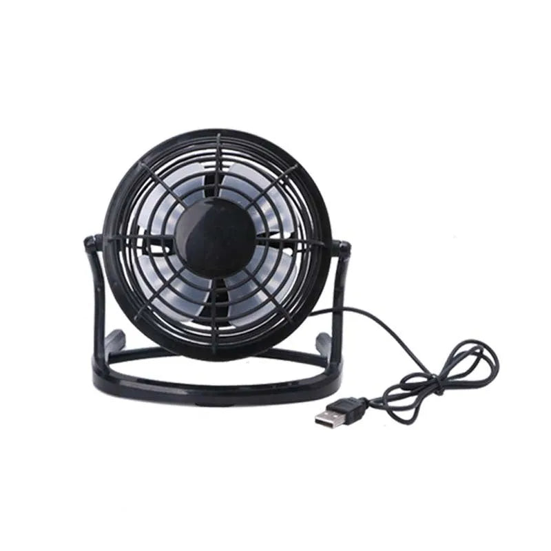 Black mini USB fan with adjustable angle mechanism and 96mm blades on desk