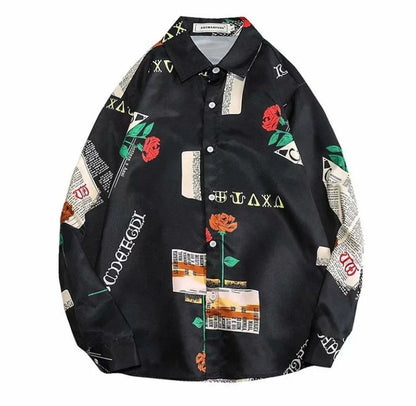 Loose Long Sleeve Tide Brand Shirt in black and white, made from 100% polyester fiber