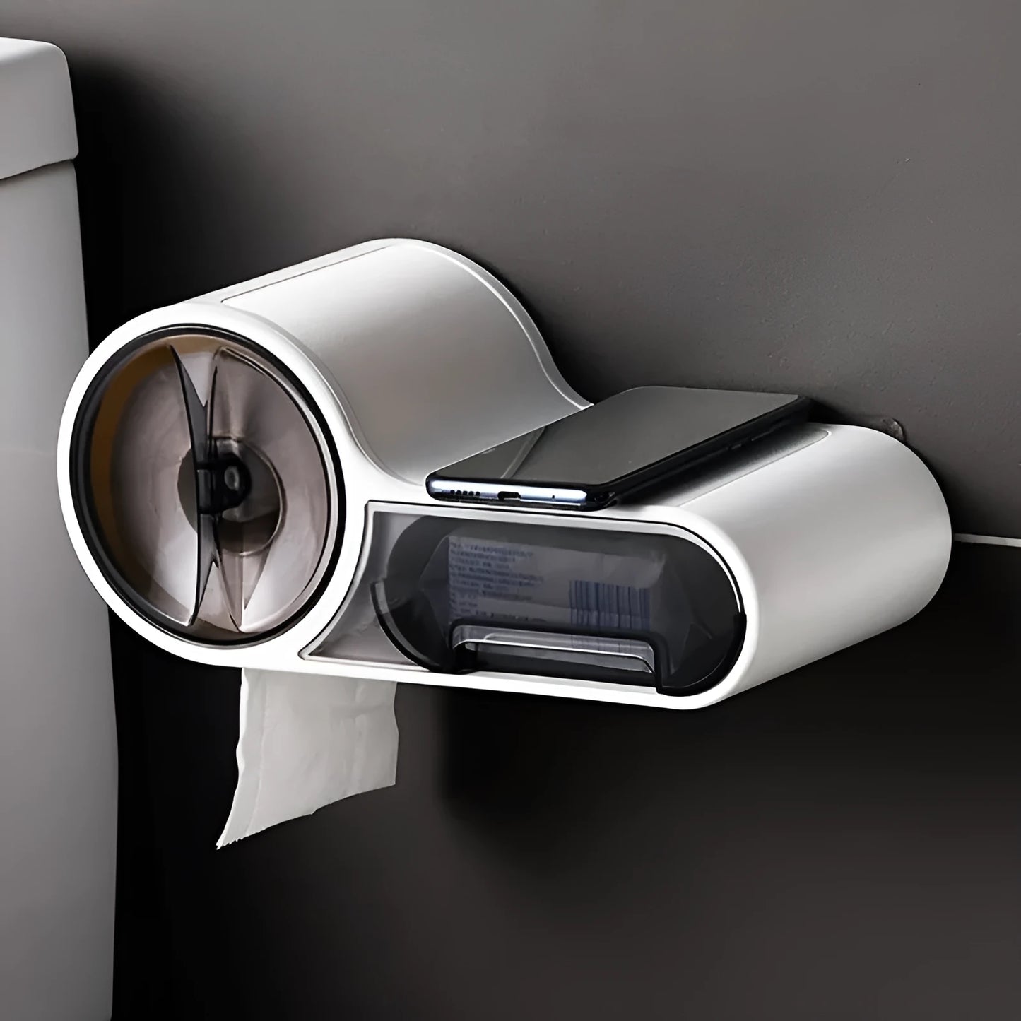 White plastic clamp-on bathroom toilet paper holder with curved design