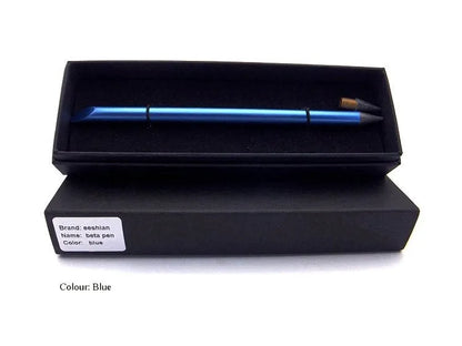 Inkless metal pen with 0.5mm alloy steel nib in silver finish, showing 16cm length and included presentation box
