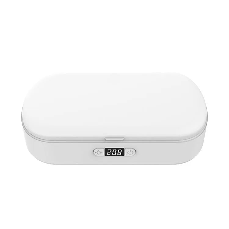 White ABS plastic ultraviolet wireless disinfection box steriliser with phone inside.
