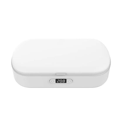 White ABS plastic ultraviolet wireless disinfection box steriliser with phone inside.