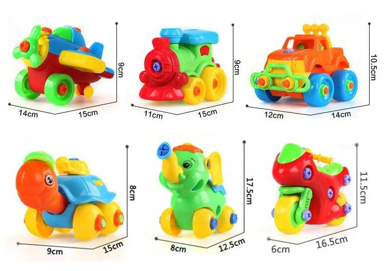 Hands-on STEM toy with various vehicle model components that can be disassembled and reassembled