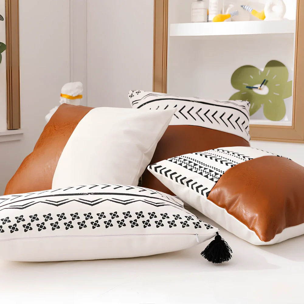 Double-sided sofa cushion set: 45x45cm cotton canvas squares and 35x50cm PP cotton pillow with leather reverse and hidden zippers