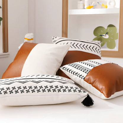 Double-sided sofa cushion set: 45x45cm cotton canvas squares and 35x50cm PP cotton pillow with leather reverse and hidden zippers