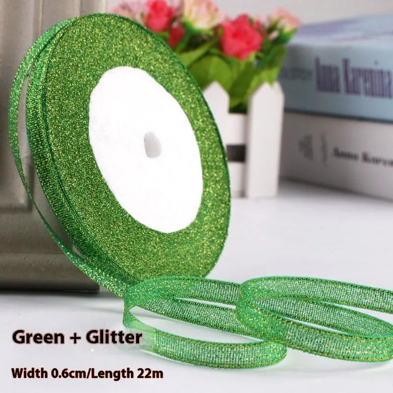 Polyester gift packaging bow ribbon showing 0.6cm width and colour options including gold leaf and metallic variations