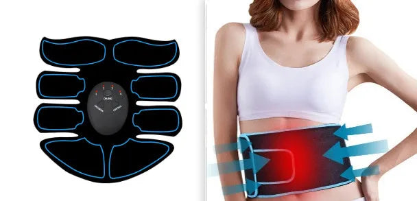 Digital display abdominal muscle patch with six massage pads and charging base in red, blue, and yellow edge options