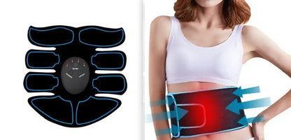 Digital display abdominal muscle patch with six massage pads and charging base in red, blue, and yellow edge options