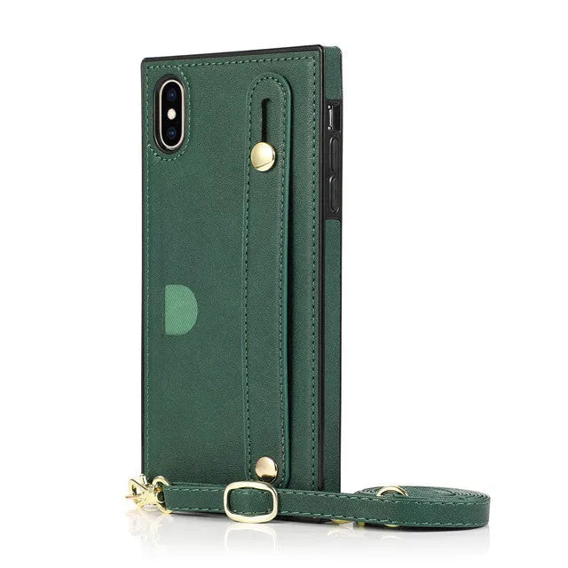 Leather messenger phone case with card holder and wristband in black, red, rose gold, green, or purple for iPhone