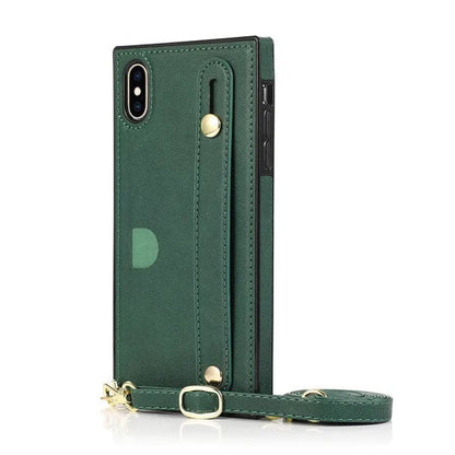 Leather messenger phone case with card holder and wristband in black, red, rose gold, green, or purple for iPhone
