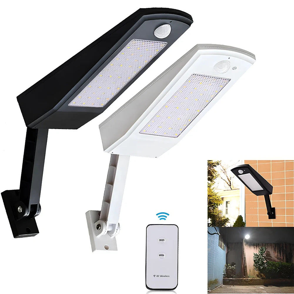 Adjustable solar light with motion sensor showing black or white finish options
