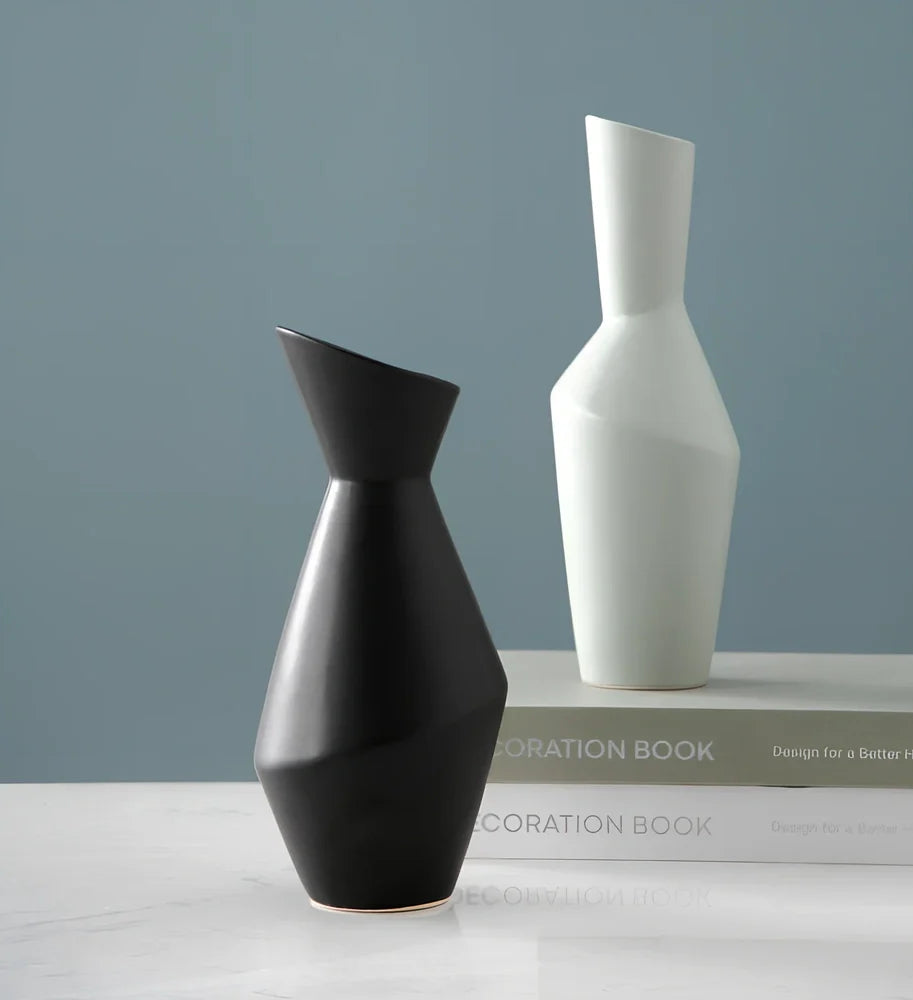 Nordic oblique mouth ceramic vase in black, 20cm height, geometric design for flower stems