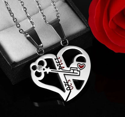 Elegant stainless steel love pendant necklace set for couples, perfect Valentine's gift.