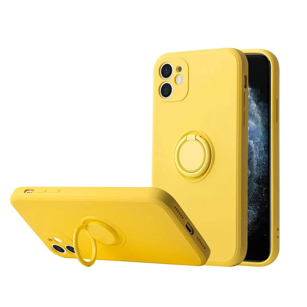 Liquid silicone case with rotating ring bracket for Apple iPhone 12 on a table, shown in green colour.