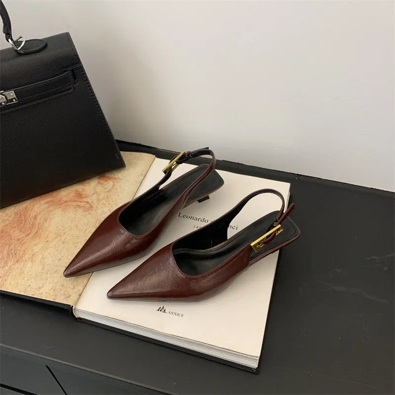 Pointed toe leather shoes with thin straps and low heel in four colour options