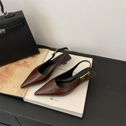 Pointed toe leather shoes with thin straps and low heel in four colour options