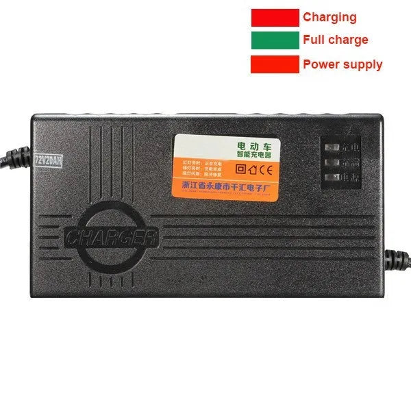 Black 72V20AH electric car charger with AU, EU, and US plug options shown, dimensions 165x87x63mm.