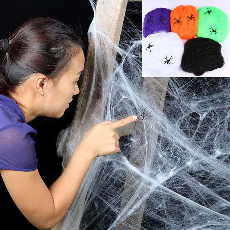 Realistic Halloween spider cotton web decoration with small spiders, available in multiple colors