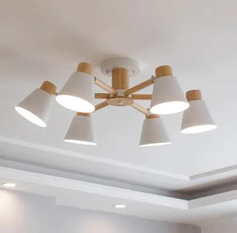Nordic Macaron ceiling lamp with ironwood construction and multiple light heads in various colour options