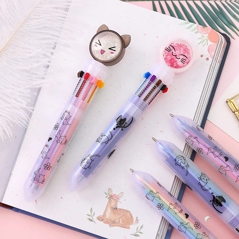 0.5mm push-type multi-function pen in cute cat design with 10 colours, student stationery for writing and note-taking, plastic construction, 15cm length, available in smiling cat and cute cat styles for practical daily use