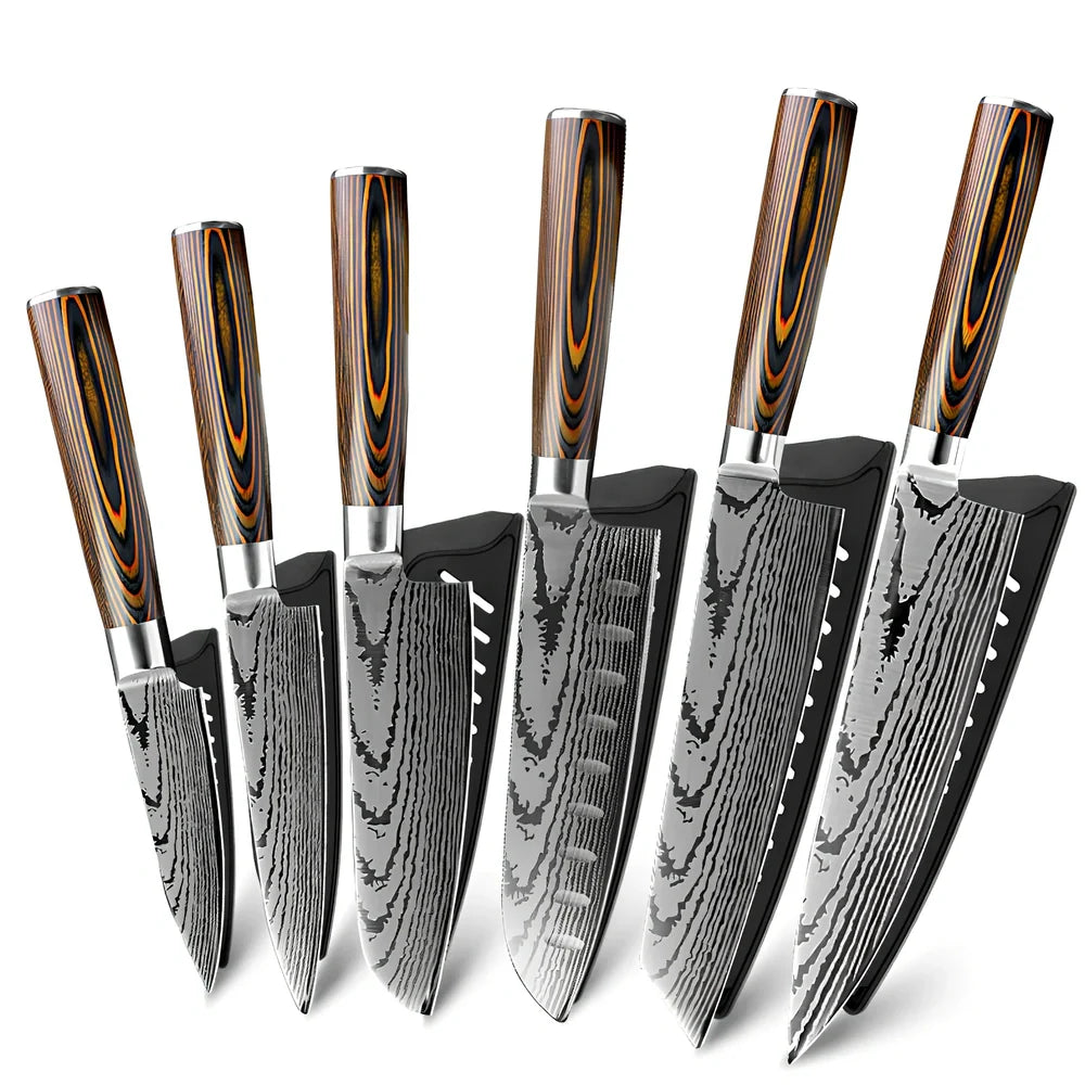Six stainless steel kitchen knives with laser Damascus patterns on blades and wooden handles arranged with protective covers