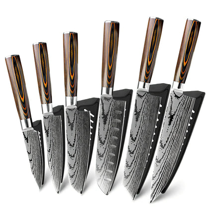 Six stainless steel kitchen knives with laser Damascus patterns on blades and wooden handles arranged with protective covers