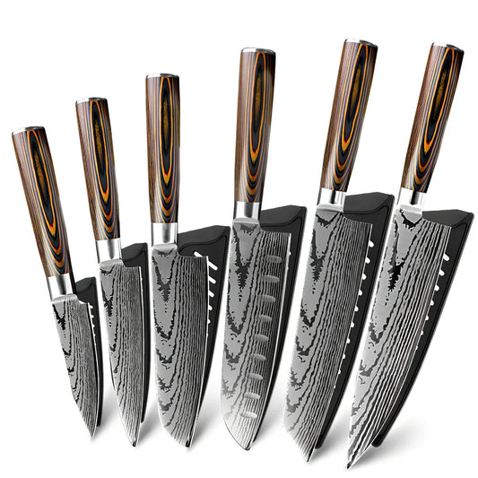 Six stainless steel kitchen knives with laser Damascus patterns on blades and wooden handles arranged with protective covers